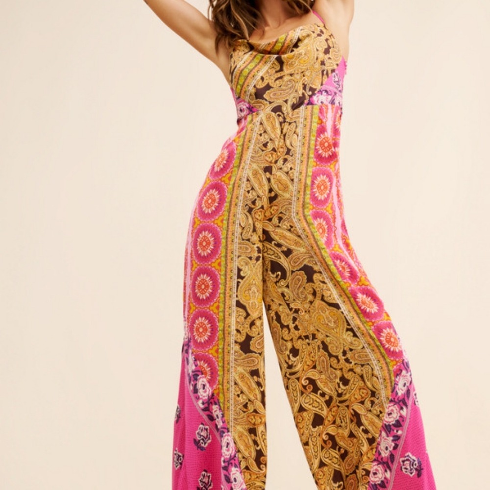 NWOT FREE PEOPLE Miranda Printed Jumpsuit In Jewel Combo Sz M